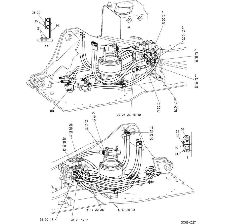 5.033(00) HYD LINES, UPP (ROTATION W/NIBBLER & BREAKER) (LC03H00063F1), FIGURE 1 OF 3-SK350-8 Kobelco Excavator Parts Number Electronic Catalog EPC Manuals