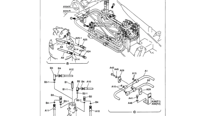 01-025 UPPER HYDRAULIC LINES - MAIN (HYDRAULIC HOSES AND TUBES AT VALVE AND SWING MOTOR)-SK330LC-6E SK330-6E SK350LC-6E Kobelco Excavator Parts Number Electronic Catalog EPC Manuals