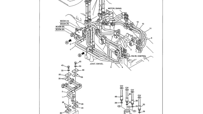 01-030 UPPER HYDRAULIC LINES - MAIN HOSES TO BOOM LINES, HOSES AT SWIVEL JOINT-Kobelco SK480LC-6E SK480-6S SK480LC-6 SK450-6 Excavator Parts Number Electronic Catalog EPC Manuals