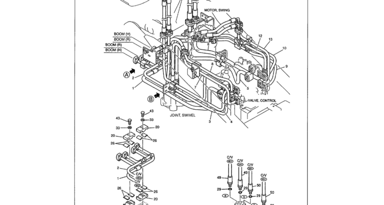 01-030 UPPER HYDRAULIC LINES - MAIN HOSES TO BOOM LINES, HOSES AT SWIVEL JOINT-Kobelco SK480LC-6E SK480-6S SK480LC-6 SK450-6 Excavator Parts Number Electronic Catalog EPC Manuals