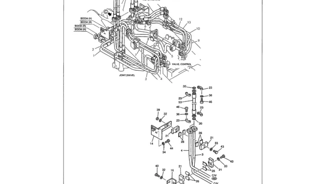 01-031 UPPER HYDRAULIC LINES - MAIN CLAMPS AND BUSHINGS, HOSES TO BUCKET LINES-Kobelco SK480LC-6E SK480-6S SK480LC-6 SK450-6 Excavator Parts Number Electronic Catalog EPC Manuals