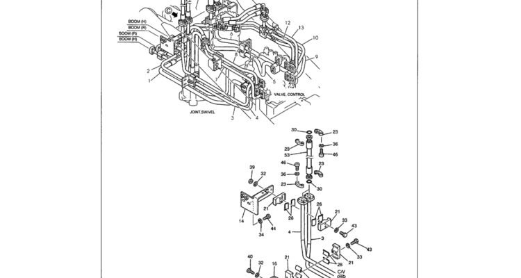 01-031 UPPER HYDRAULIC LINES - MAIN CLAMPS AND BUSHINGS, HOSES TO BUCKET LINES-Kobelco SK480LC-6E SK480-6S SK480LC-6 SK450-6 Excavator Parts Number Electronic Catalog EPC Manuals