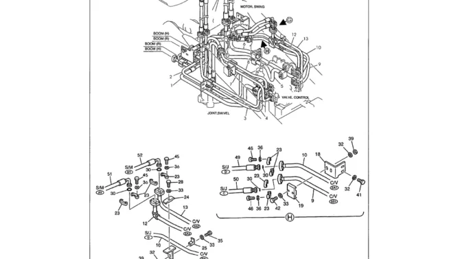 01-034 UPPER HYDRAULIC LINES - MAIN HOSES TO SWING MOTOR, HOSES TO SWING JOINT-Kobelco SK480LC-6E SK480-6S SK480LC-6 SK450-6 Excavator Parts Number Electronic Catalog EPC Manuals