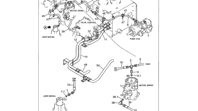 01-040 UPPER HYDRAULIC LINES RETURN P/N LS32H00005F1, F2, F3, F4-Kobelco SK480LC-6E SK480-6S SK480LC-6 SK450-6 Excavator Parts Number Electronic Catalog EPC Manuals