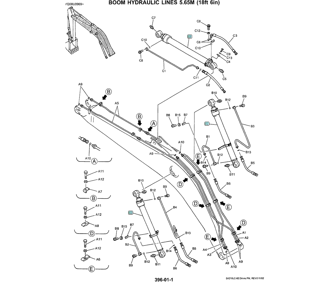 03-003 BOOM HYDRAULIC LINES 5.65M (18FT 6IN)-SK200-6E SK210LC-6E SK200-6ES SK200LC-6E Kobelco Excavator Parts Number Electronic Catalog EPC Manuals