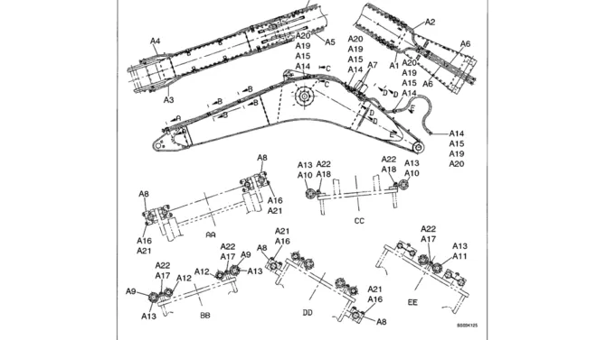 03-011 BOOM HYDRAULIC LINES - MASS EXCAVATOR BOOM WITH NIBBLER AND BREAKER-Kobelco SK480LC-6E SK480-6S SK480LC-6 SK450-6 Excavator Parts Number Electronic Catalog EPC Manuals