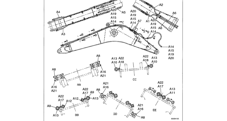 03-011 BOOM HYDRAULIC LINES - MASS EXCAVATOR BOOM WITH NIBBLER AND BREAKER-Kobelco SK480LC-6E SK480-6S SK480LC-6 SK450-6 Excavator Parts Number Electronic Catalog EPC Manuals