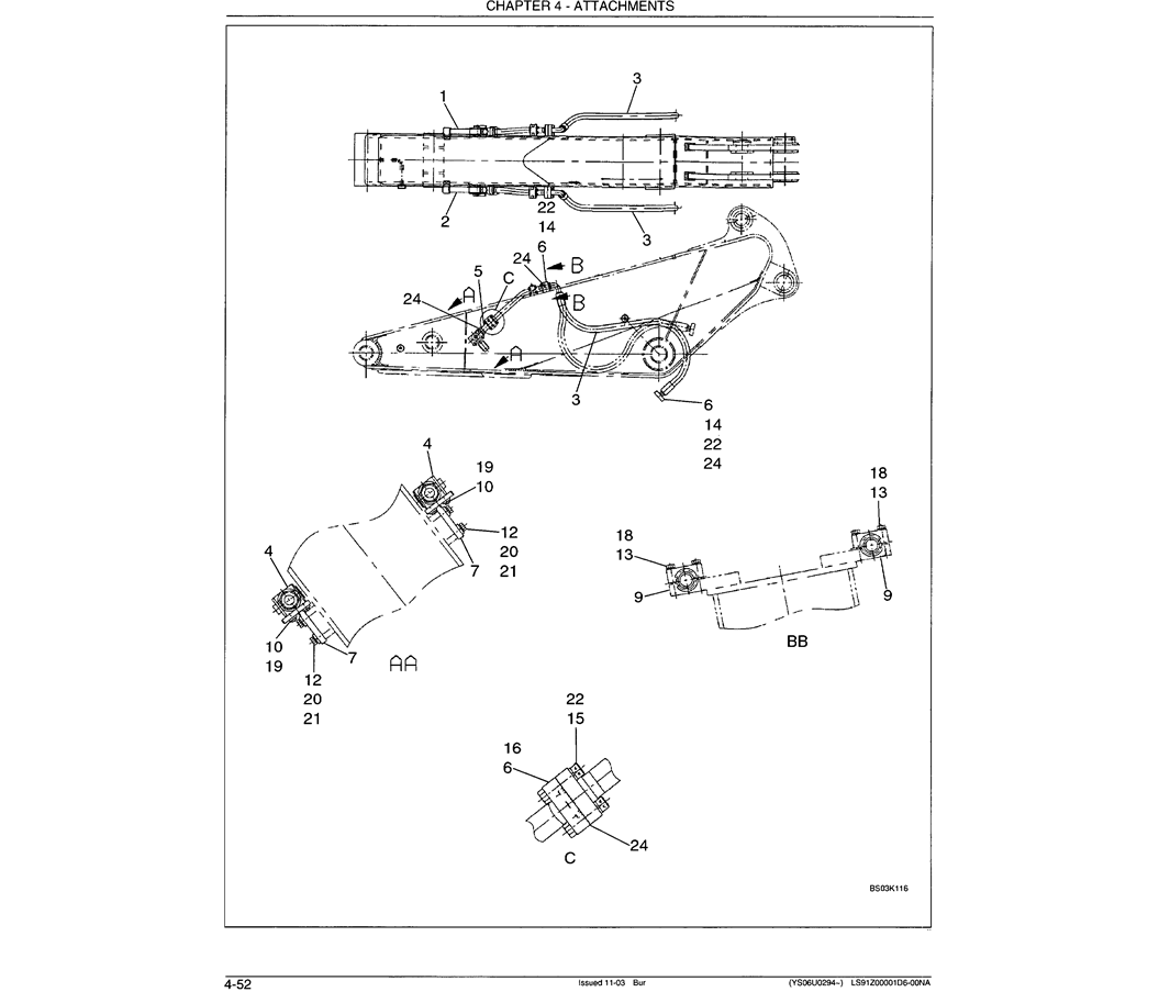 03-023 MASS ARM HYDRAULIC LINES TWO WAY - NIBBLER AND BREAKER-Kobelco SK480LC-6E SK480-6S SK480LC-6 SK450-6 Excavator Parts Number Electronic Catalog EPC Manuals