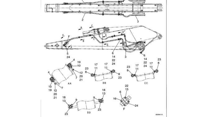 05-021 LONG ARM HYDRAULIC LINES TWO WAY - NIBBLER AND BREAKER-Kobelco SK480LC-6E SK480-6S SK480LC-6 SK450-6 Excavator Parts Number Electronic Catalog EPC Manuals