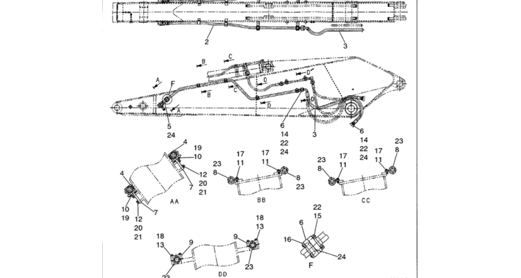 05-021 LONG ARM HYDRAULIC LINES TWO WAY - NIBBLER AND BREAKER-Kobelco SK480LC-6E SK480-6S SK480LC-6 SK450-6 Excavator Parts Number Electronic Catalog EPC Manuals